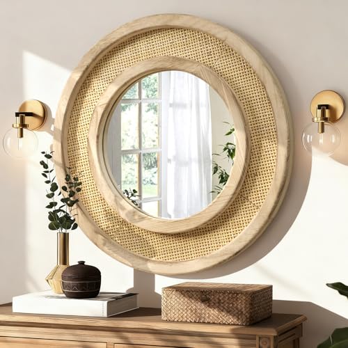 JJUUYOU Wood Mirror with Wood Frame Circle Mirrors for Wall 20 Inch Circular Hanging Mirrors for Living Room Bathroom Vanity Entryway Hallway Brown - color: Round Mirror-brown, size: 20"L x 20"W