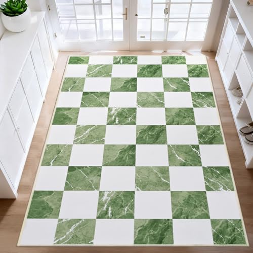 Yinhua 3x5 Checkered Rugs for Entryway, Modern Washable Entryway Rug Non Slip, Neutral Classic Checkerboard Rugs for Bedroom, Soft Low Pile Green Marble Area Rug for Nursery Doorway Living Room - color: Sage Green & White, size: 3x5 ft