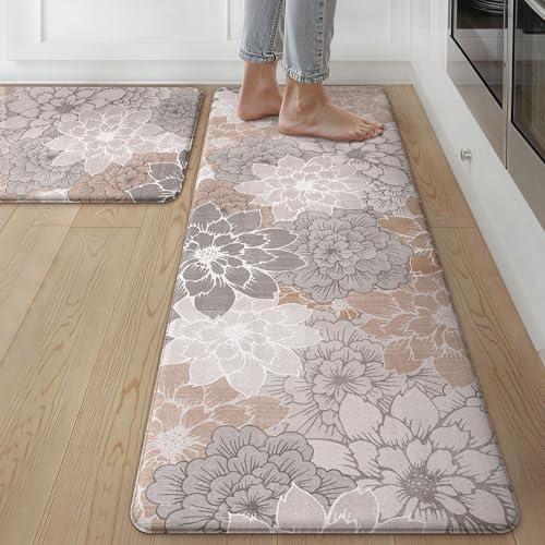 GENIMO Kitchen Mats for Floor, Kitchen Rugs Non Slip Washable Sets of 2, Waterproof Cushioned Anti Fatigue Mat, Floral Runner Rug for Laundry, Sink, Office, Home, 17.3"x59"+17.3"x30", Taupe Grey - color: Taupe Grey, size: 17.3"x59"+17.3"x30"