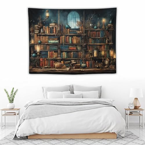 Retro Bookshelf Tapestry Vintage Library Wall Hanging Tapestries,Old Books on Shelf Classical Study Room Student Study College Dorm Bedroom Living Room 60"x40" - color: Bookshelf-3, size: W60xL40in