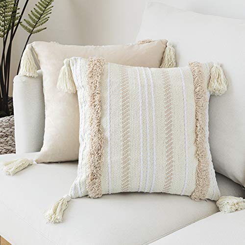 LEVINIS Tufted Boho Throw Pillow Covers 18X18 Inch, Decorative Woven Bohemian Pillow Cases for Couch Sofa Bedroom Living Room, Cream White - color: Cream White, size: 18" x 18" (Pack of 1)