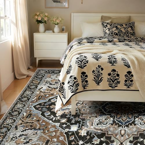 8x10 Black Farmhouse Area Rug - Vintage Boho Washable Rug - Non-Slip Stain & Tumble Resistant Large Carpet for Living Room, Bedroom, Dining Room Under Table, Black Multi - color: Black & Multi, size: 8' x 10' (Rectangular)