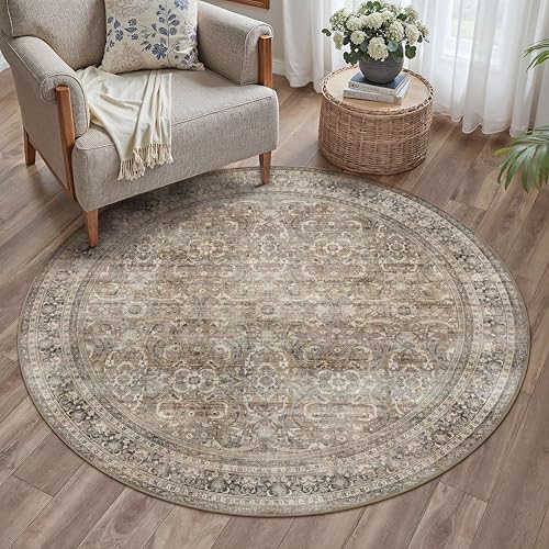 HUGEAR 4ft Round Rug Entryway Rugs Machine Washable Brown Hallway Area Rug 4x4 Small Circle Floral Low Pile Carpet Vacuumable Throw Rug Living Room Laundry Entrance Non Slip Soft Lightweight - color: Retro | Brown, size: 4' (Round)