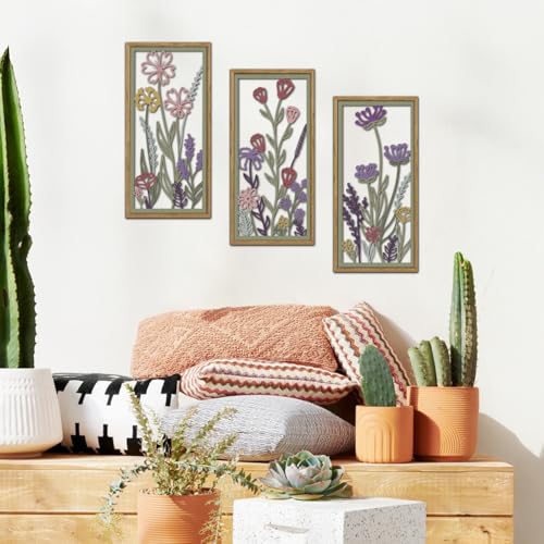 KAIRNE Neutral Floral Wooden Wall Art Set of 3,Framed Vintage Botanical Flower Decor,Minimalist Wildflower Wood Hanging Decor,Modern Farmhouse Decoration for Living Room Bedroom Office Kitchen,8X16 inch - color: Flower Wooden Wall Art, size: 8"L x 16"W