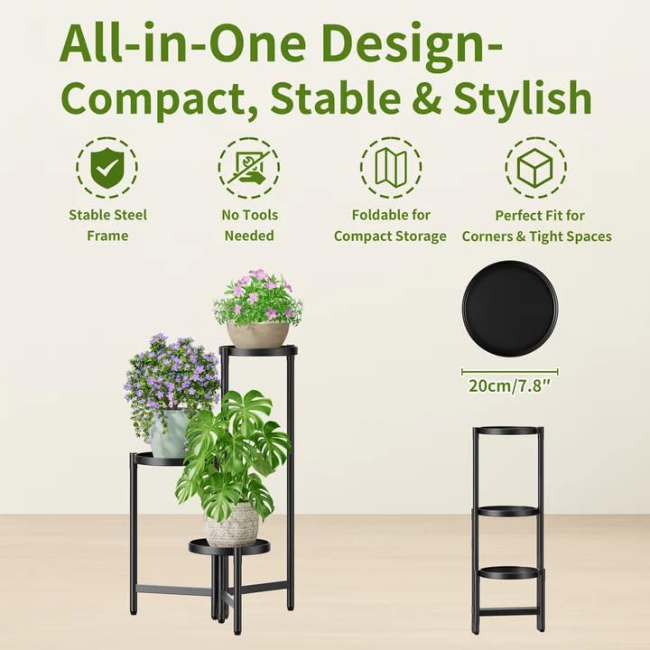 3 Tier Large Plant Stand Indoor with 7.9 Inch Wide Tray, Tiered Corner Metal Outdoor Flower Holder Stand, Folding Tall Rack for Display Shelf for Patio Porch Balcony - BlackDisk - color: BlackDisk, size: 3-tiers