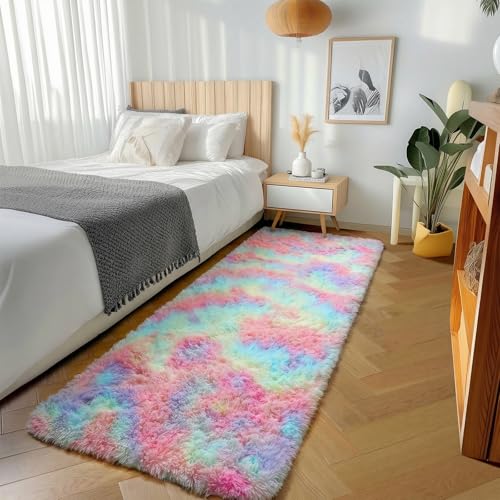 ONASAR Colorful Rainbow Runner Rugs for Bedroom Living Room, Fluffy 2x6 Bedside Hallway Area Rug, Ultra Soft Plush Furry Faux Fur Floor Carpet for Nursery Kids Dorm Closet Home Decor Aesthetic - color: Colorful Rainbow, size: 2' x 6' (Runner)