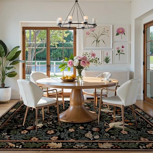5'x7' Area Rugs Washable,Boho Rug for Living Room Bedroom,Large Farmhouse Botanical Bohemian Distressed Oriental Carpet Non Slip,Black Floral Bird - color: Black Floral Bird, size: 5'x7'