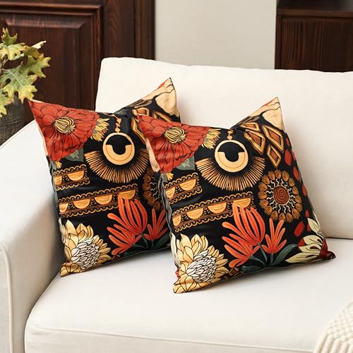 Tyrot Black Boho Floral Fall Velvet Throw Pillow Covers 18x18 Set of 2 Farmhouse Cushion Covers Mid Century Modern Botanical Home Decor Accent Pillow Cases for Couch Bed Sofa Living Room, Bedroom - color: Tropical Ember, size: 18" x 18" (Pack of 2)