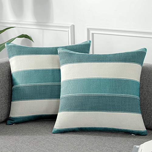 AmHoo Pack of 2 Farmhouse Stripe Check Throw Pillow Covers Set Case Cotton Linen Decorative Pillowcases Cushion Cover for Couch Bench Sofa 16x16Inch Teal Blue - color: Teal Blue, size: 16" x 16" (Pack of 2)