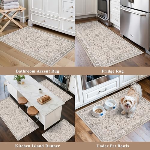 3-Piece Kitchen Rug Set of 3 with Runner – Non-Slip Washable Boho Kitchen Mats for Sink, Floor, Entryway & Hallway & Bathroom – Soft Small Throw Area Rugs, Home Decor (Beige,2x3+2x4+2x5) - color: Beige, size: 2' x 3' + 2' x 4' + 2' x 5' (Rectangular)