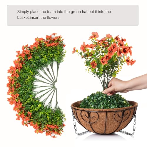 HyeFlora Artificial Fake Fall Hanging Plants Flowers Basket for Outdoor Decor, Faux Silk Orange Mums Daisy in Planter Look Real UV Resistant for Autumn Porch Home Patio Garden Yard Decoration - color: Orange