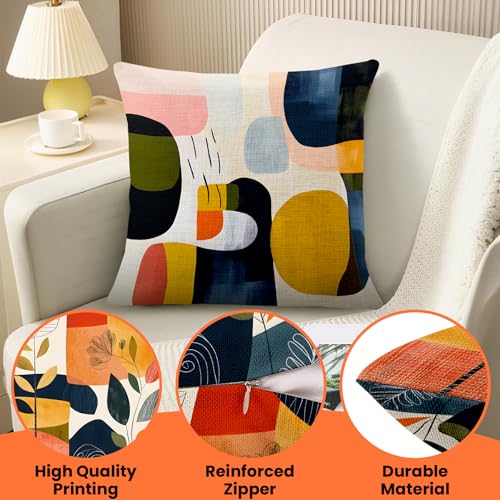 BVBOX Set of 4 Linen Throw Pillow Covers 18"x18", Soft Flax Scandinavian Abstract Boho Decorative Pillow Cases, Double-Sided Abstract Botanical Pillow Covers for Bed, Sofa, Couch, Living Room, Bedroom - color: Colorful Geometry 1