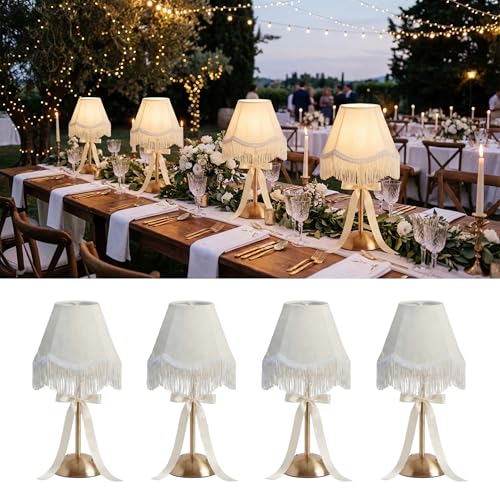 4 Pack Wedding Tassel Cordless Table Lamp Rechargeable Touch LED Small Gold Portable Battery Operated USB-c Desk Lamp 3 Color Dimmable for Wedding Birthday Outdoor Party Home - style: Tassel Bow