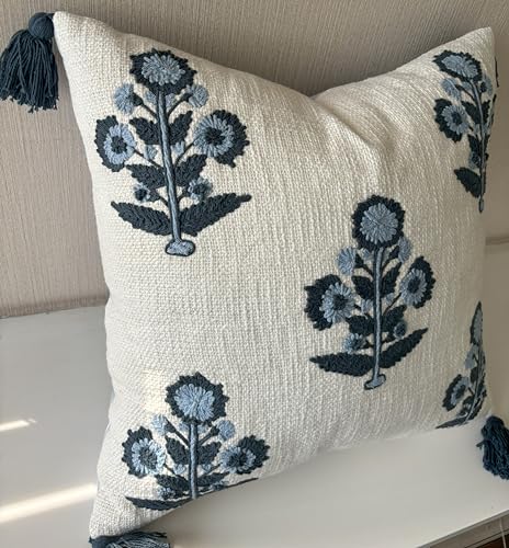 Blue Floral Hand Embroidered 20x20 Throw Pillow Cover - Ivory Cushion Cover for Sofa Couch Living Room - Crewel Grandmillennial Farmhouse Decor - Russell Motif - color: Ivory-russell Motif, size: 20" x 20" (Pack of 1)