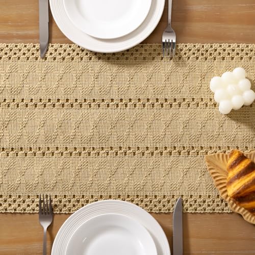 Socomi Boho Table Runner Summer Farmhouse Rustic Dining Kitchen Centerpiece Decor Small Macrame Woven Cotton Linen Coffee Table Runner for Dresser Scarf Home Decor 12x48 inch Champagne - color: Champagne, size: 12" X 48"