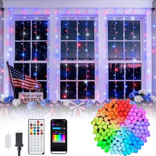JMEXSUSS RGB Curtain Lights, 300 LED 9.8×9.8FT, Color Changing String Lights with APP & Remote Control, 16 Million Colors, IP44 Waterproof, Holiday Lights for Bedroom Party Wedding 4th of July Decor - color: RGB (Red, Green, Blue), size: 300 LED