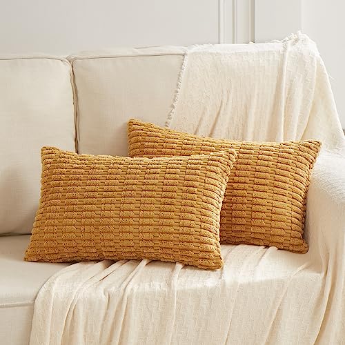 Fancy Homi Decorative Throw Pillow Covers for Bed Couch Bedroom Bench, Soft Lumbar Corduroy Solid Pillow Case, Rustic Farmhouse Boho Room Décor, 20" x 12" (Pack of 1), Mustard Yellow - color: Mustard Yellow, size: 20" x 12" (Pack of 1)
