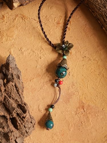 MINACHI Vintage Bohemian Colorful Ceramic Bead Antique Flower Y Necklace, Vintage Boho Hippie Statement Jewelry Gift for Women - color: S01C