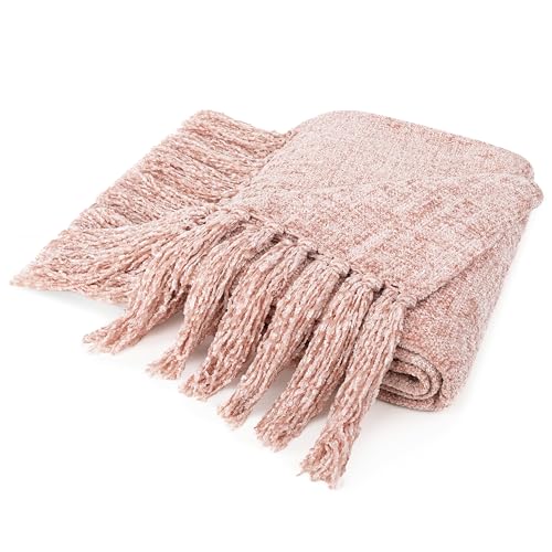 PAVILIA Pink Chenille Throw Blanket for Couch Sofa, Light Pink Soft Knit Throw with Tassel, Decorative Blanket for Bed Chair Living Room, Blush Pink 50x60 - color: Blush Pink, size: 50 X 60 Inches - Throw