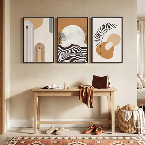 Framed Boho Mid Century Modern Wall Art for Living Room, 3 Piece Large Abstract Canvas Prints Paintings, Orange Earth Tones Moon Botanical Artwork Decor for Bedroom Hallway 16x24 Inch - color: Orange Black, size: 24" H x 16" W x 3Pcs