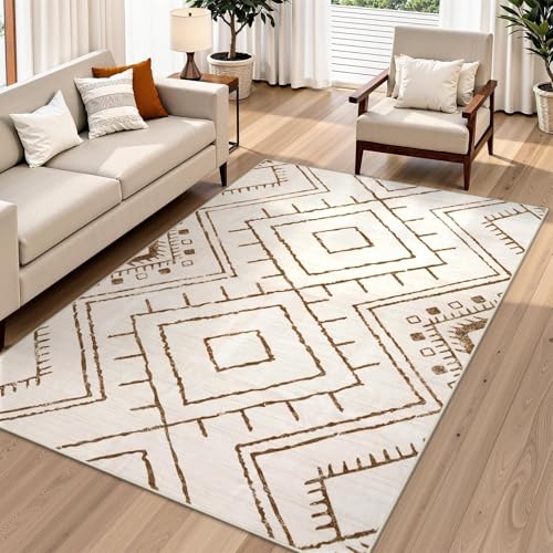 LIVEBOX Western 5x7 Area Rug, Beige Washable Rugs for Living Room Bedroom, Non Slip Moroccan Tribal Rug Low Pile Geometric Soft Boho Area Rugs Diamond Carpet for Dining Room, Nursery Room, Playroom - color: Beige/Brown, size: 5‘ x 7'