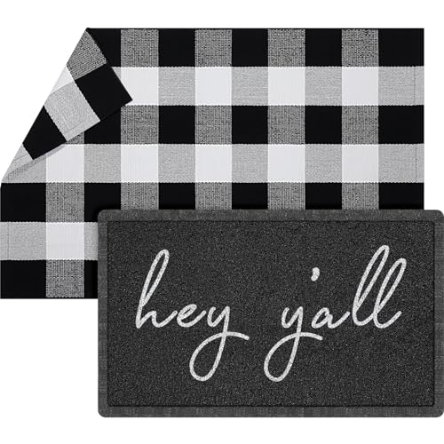 Geelin 2 Pcs 30'' x 18'' Doormat 43'' x 27.5'' Black and White Layered Rug for Front Door Mat Outside Entrance Welcome Door Mats for Indoor Outdoor Entryway Porch Decor(Hey Y'all) - style: Hey Y'all