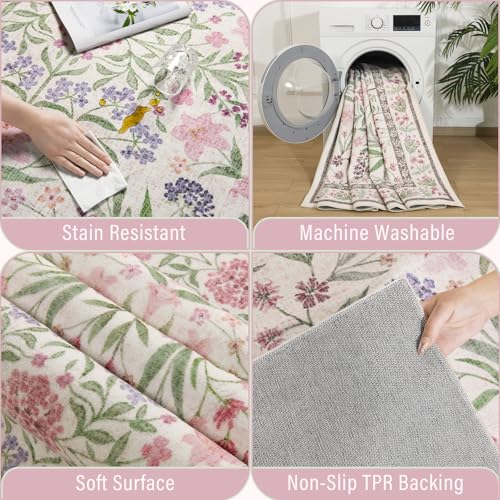 Amearea 8x10 Area Rugs for Living Room, Washable Area Rugs 8 x 10 Pink Floral Rug, Vintage Low Pile Cute Kids Girls Room Print Carpet, Non Slip Office Nursery Bedroom Dining Room Farmhouse Decor - color: Pink, size: 8x10 Feet