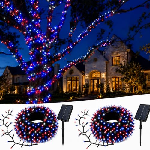2Pack 240LED Red White and Blue Lights Outdoor, Total 45ft 4th of July Solar String Lights with 8 Modes, Patriotic Light Waterproof for Independence Day Memorial Day Home Garden Party Yard Decor - color: Red White Blue, size: 120LED*2pcs-solar