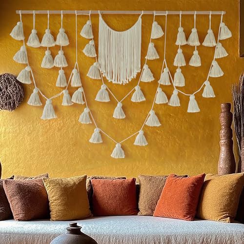 Jakalin Macrame Wall Hanging Boho Tassel Garland 57"x39" | Handmade Cotton Rope Wall Decor for Living Room, Bedroom, Nursery | Large Macrame Banner for Wedding Backdrop, Home Decoration - color: Ivory