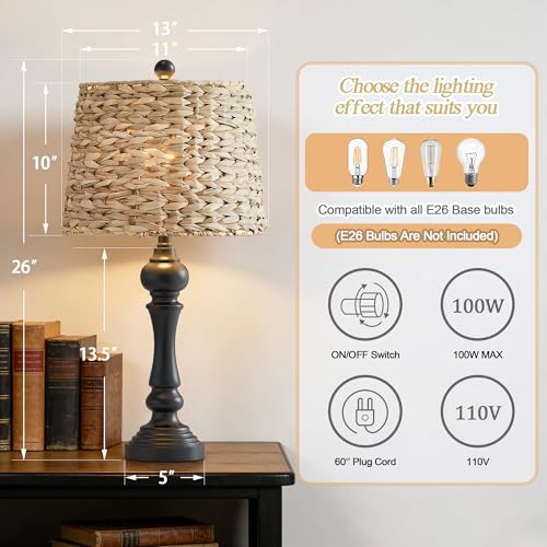 Maxax 26" Boho Rattan Table Lamps for Bedroom Set of 2, Coastal Bedside Lamps with Rattan Shade, Black Farmhouse Wicker Lamps, Rustic Resin Nightstand Lamps for Living Room - color: Black