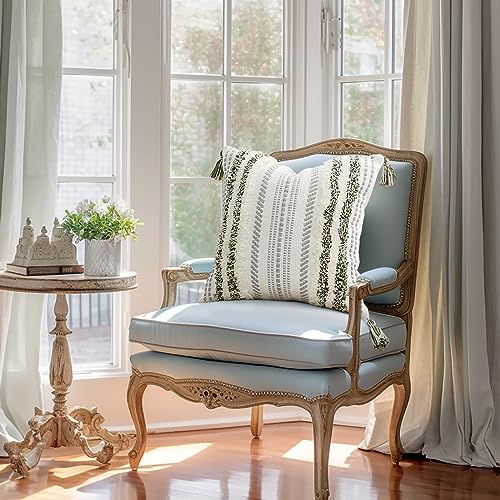 decorUhome Summer Decorative Boho Throw Pillow Cover 20x20, Accent Neutral Textured Tufted Pillow Cover Striped for Couch Bed Sofa, Green and Cream White, Pack of 1 - color: Green and Cream White, size: 20" x 20" (Pack of 1)