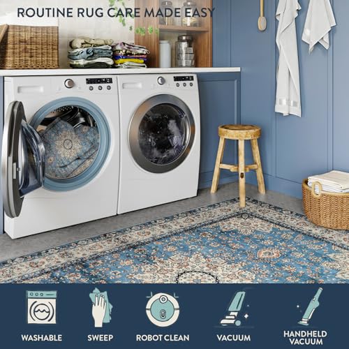 Lahome Felice Oriental Floral Medallion Area Rug - 2x3 Blue Distressed Small Entryway Rug Printed Doormat Vintage Non-Slip Washable Low-Pile Carpet for Indoor Front Entrance Kitchen Bathroom - color: Floral Medallion, size: 2' x 3' (Rectangular)