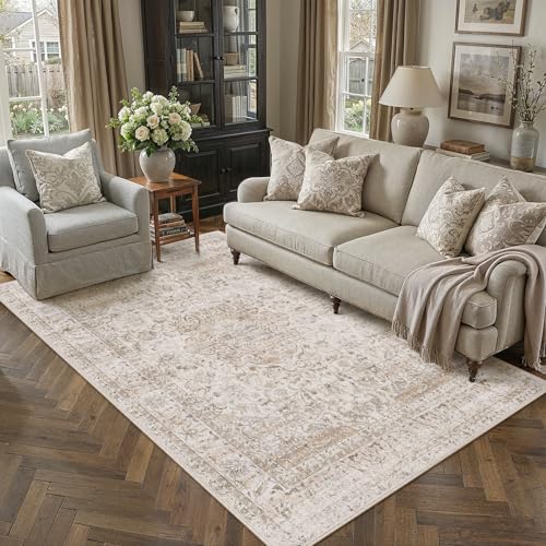6x9 Washable Area Rug Beige Vintage Non Slip Soft Low Pile Rug for Living Room Bedroom Dining Room Office Distressed Oriental Indoor Throw Carpet for Home Decor - color: Light Beige, size: 6' x 9' (Rectangular)