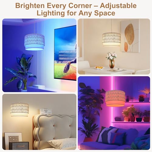 ZSLAIFU Hanging Lamp Plug in Pendant Light, 15FT White Hanging Lights with Plug in Cord, Hanging Light with Bulb and Remote, Hanging Lamps for Bedroom, Living Room, Kitchen, Farmhouse - color: White Rattan-White Shade