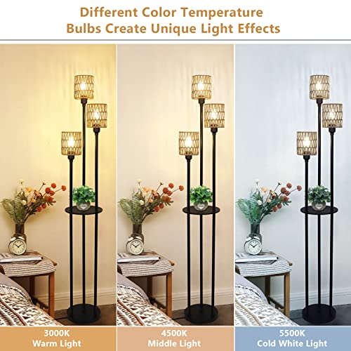 Boho Floor Lamp with Shelves, 3-Lights Farmhouse Tall Floor Lamp with ON/Off Foot Switch, Rustic Standing Lamp with Rattan Shades for Living Room Bedroom Office - style: Black-Rattan Shade