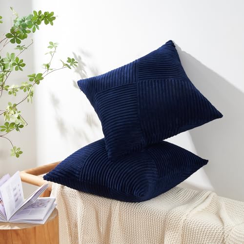Topfinel Blue Throw Pillow Covers 20x20 Inch Soft Corduroy Decorative Pillow Covers Boho Stripe Textured Patchwork Fall House Decor Cushion Cases for Couch Sofa Bed,Blue - color: Blue, size: 20" x 20" (Pack of 2)