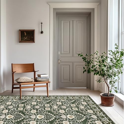 3x5 Rug Machine Washable Rugs：Boho Area Rugs Floral Rug for Living Room,TPR 3x5 Non Slip Dark Green Rugs for Under Table Carpet for Laundry Room Kids Room Dining Room - color: Green, size: 3' x 5' (Rectangular)