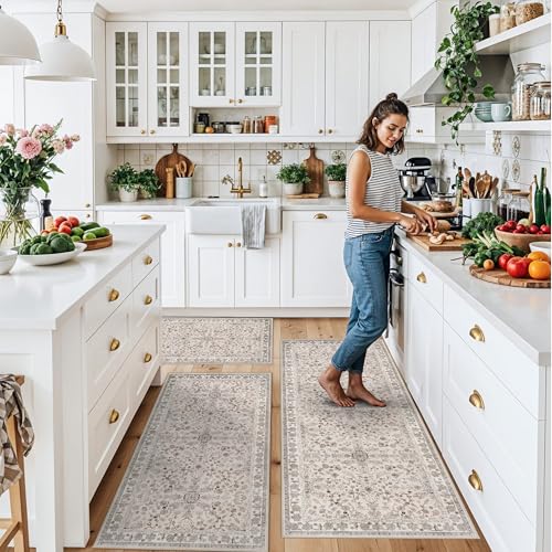 3-Piece Kitchen Rug Set of 3 with Runner – Non-Slip Washable Boho Kitchen Mats for Sink, Floor, Entryway & Hallway & Bathroom – Soft Small Throw Area Rugs, Home Decor (Beige,2x3+2x4+2x5) - color: Beige, size: 2' x 3' + 2' x 4' + 2' x 5' (Rectangular)