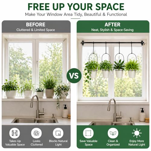 Adjustable Hanging Window Planter with 4 Pots, Space Saving Indoor Herb Garden Plant Hanger, Metal Vertical Plant Rack for Kitchen, Balcony & Home Deco41in-4 Flower pots