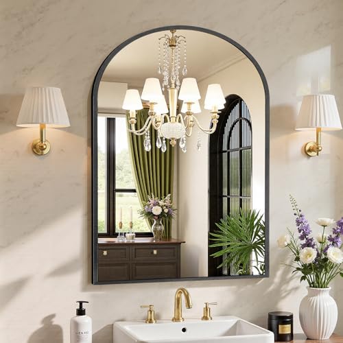 Sweetcrispy 38"x30" Arched Black Bathroom Mirrors for Wall, Bathroom Mirrors for Over Sink, Metal Framed with HD Shatter-Proof Glass for Entryway, Living Room, Bedroom, Home Decor - color: Black, size: 30"L x 38"W