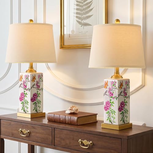 24.75" Mid Century Modern Lamp Set of 2,Vintage Farmhouse Chinoiserie Ceramic Table Lamps,Floral & Bird Pattern Bedside Lamps for Bedroom Living Room Nightstand Side Table,White & Gold - style: Floral & Bird Print