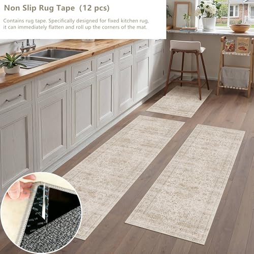 Vintage Kitchen Rug Set of 3 Washable Beige Kitchen Mats for Floor Non-Slip Kitchen Runner Rug Soft Low Pile Distressed for Bathroom Laundry Hallway Sink Entryway - color: Retro/Beige, size: 20"x32"+20"x48"+20"x59"