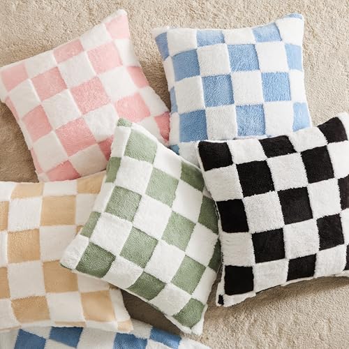 Ohocut Checkered Jacquard Shag Throw Pillow Covers, Pack of 2 Fluffy Beige Sand Cute Decorative Boho Aesthetic Soft Checkered Throw Pillow Cases for Couch Sofa Bedroom,18x18 Inch - color: Beige, size: 18" x 18" (Pack of 2)