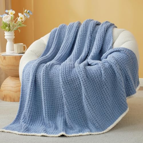 Snuggle Sac Ultra Soft Waffle Throw Blanket for Couch Bed Sofa 50x60 inches, Reversible Blue Blanket Microfiber Fluffy Fuzzy Cozy Knit Throws for Women Mothers Birthday Gifts - color: Waffle Washed Blue, size: Throw(50"x60")
