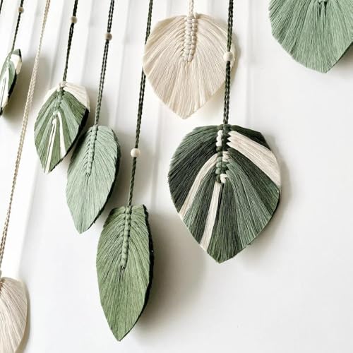 M MANUAL Macrame Leaves Wall Hanging 47.3x29.5Inch Large Chic Feather Boho Macrame Wall Decor Leaf Hanging Photo Display Handmade Woven Wall Art 16pcs Leaf Tapestry - Green - size: Green - 47.3*29.5in