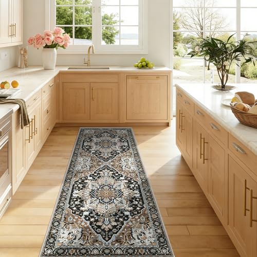 2x6 Black Boho Runner Rug - Washable Non-Slip Low Pile Hallway & Kitchen Rug - Stain Resistant Pet & Kids Friendly Carpet for Bedroom Side, Laundry, Bathroom, Foldable Long Floor Mat, Black Multi - color: Black & Multi, size: 2' x 6' (Runner)