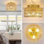 Rattan 3-Light Ceiling Light Fixture, Boho Flush Mount Ceiling Light, Modern Ceiling Light with Hand-Woven Shade for Bedroom Living Room Enterway Foyer