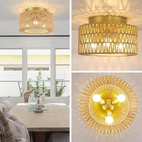 Rattan 3-Light Ceiling Light Fixture, Boho Flush Mount Ceiling Light, Modern Ceiling Light with Hand-Woven Shade for Bedroom Living Room Enterway Foyer