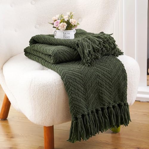 BATTILO HOME Olive Green Chenille Throw Blanket for Bed, Knit Throw Blanket,Super Soft Warm Home Decor Throw Blanket with Tassels for Couch,Sofa and Living Room,50" x 60" - color: Olive Green, size: 50"x60"