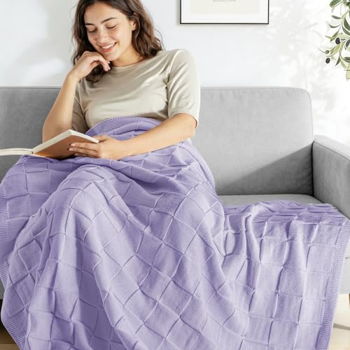 Whale Flotilla Checkered Knit Throw Blanket for Couch, Soft Decorative Knitted Blankets for Sofa Bed, Lightweight Cozy Throws for Spring Summer, 50x60 Inch, Light Purple - color: Light Purple, size: 50x60 Inch